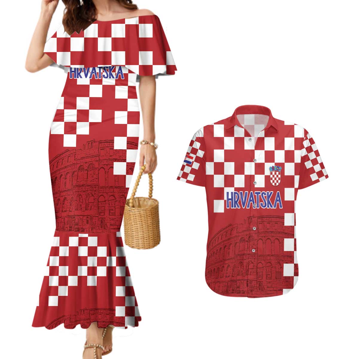 Croatia Football 2025 Custom Couples Matching Mermaid Dress and Hawaiian Shirt Red Hrvatska Kockasti - Pula Arena