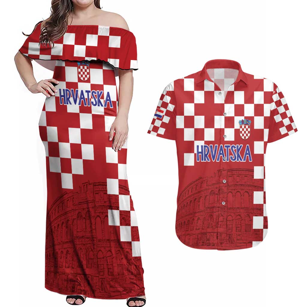 Croatia Football 2025 Custom Couples Matching Off Shoulder Maxi Dress and Hawaiian Shirt Red Hrvatska Kockasti - Pula Arena