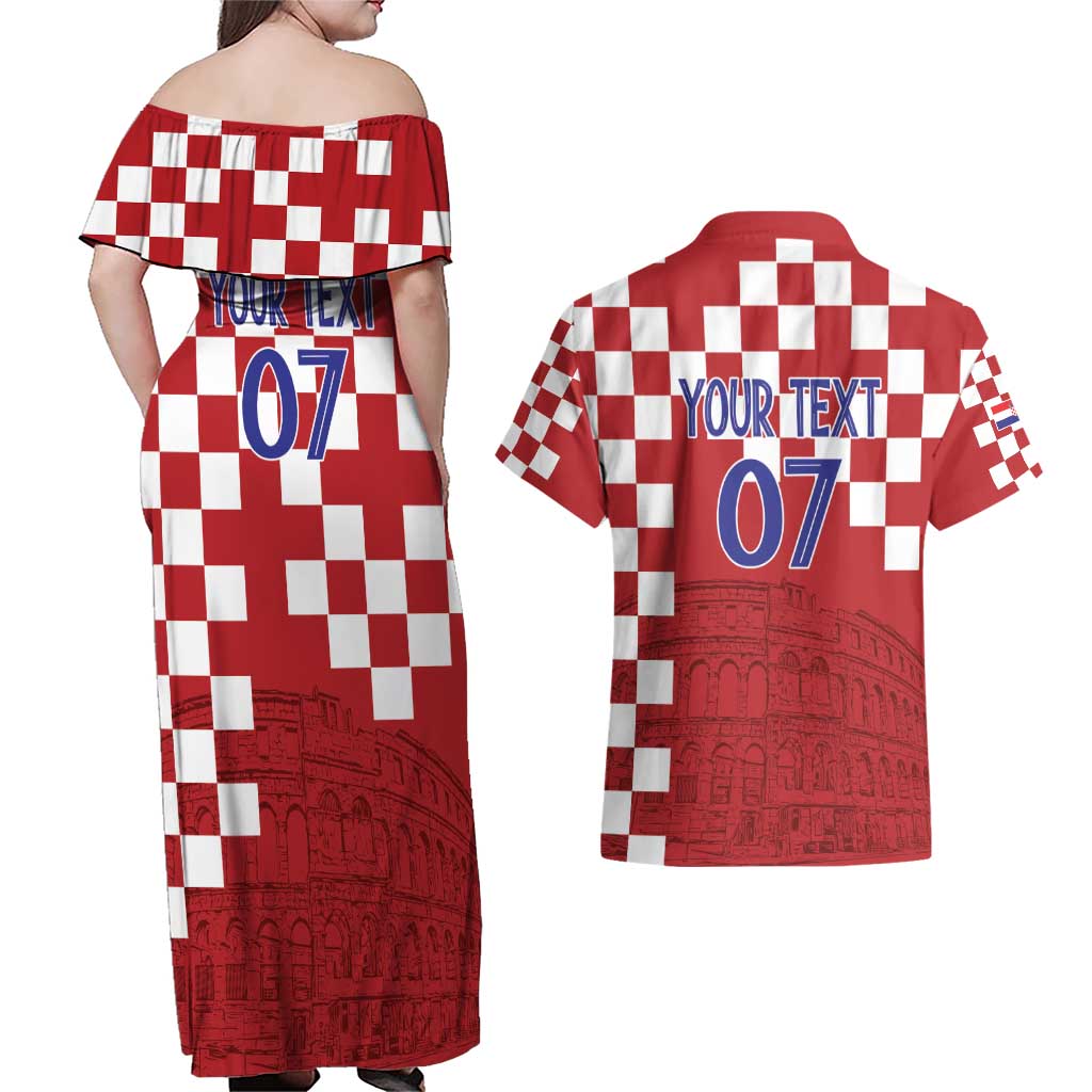 Croatia Football 2025 Custom Couples Matching Off Shoulder Maxi Dress and Hawaiian Shirt Red Hrvatska Kockasti - Pula Arena