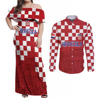 Croatia Football 2025 Custom Couples Matching Off Shoulder Maxi Dress and Long Sleeve Button Shirt Red Hrvatska Kockasti - Pula Arena