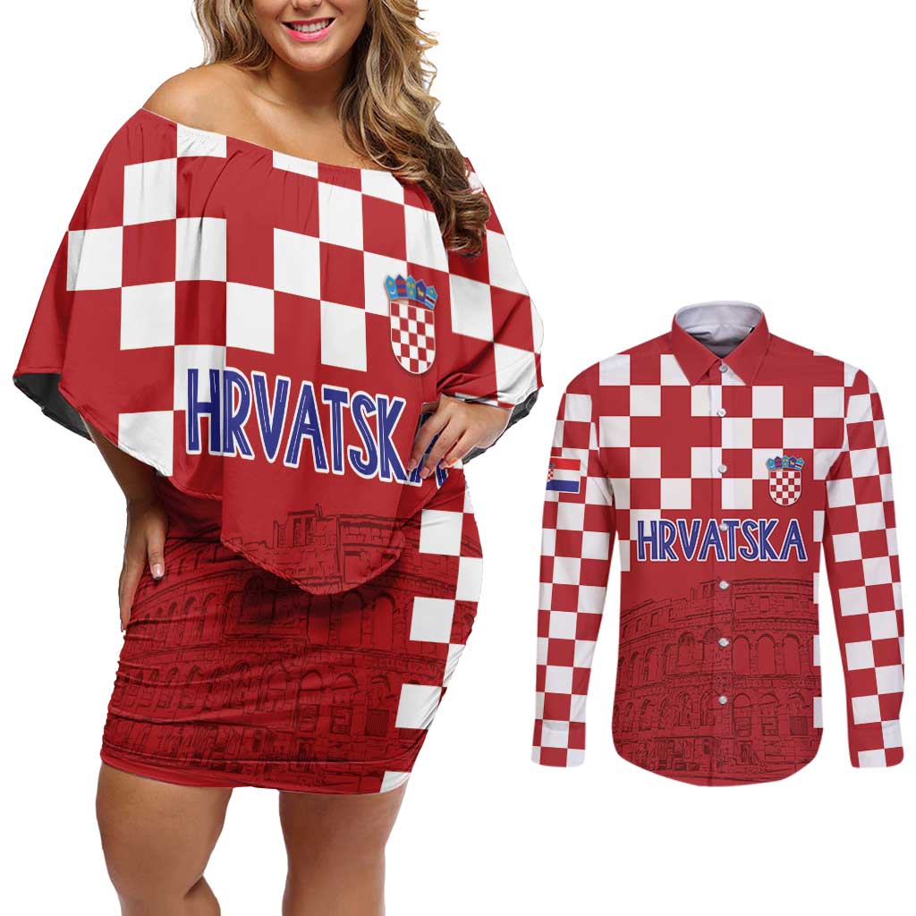 Croatia Football 2025 Custom Couples Matching Off Shoulder Short Dress and Long Sleeve Button Shirt Red Hrvatska Kockasti - Pula Arena