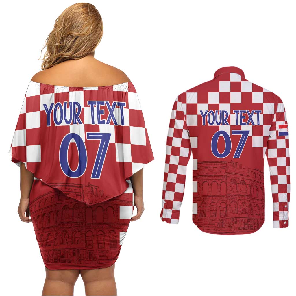 Croatia Football 2025 Custom Couples Matching Off Shoulder Short Dress and Long Sleeve Button Shirt Red Hrvatska Kockasti - Pula Arena