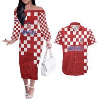 Croatia Football 2025 Custom Couples Matching Off The Shoulder Long Sleeve Dress and Hawaiian Shirt Red Hrvatska Kockasti - Pula Arena