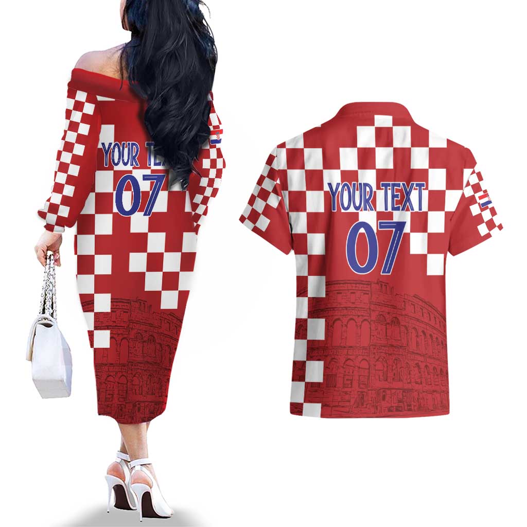 Croatia Football 2025 Custom Couples Matching Off The Shoulder Long Sleeve Dress and Hawaiian Shirt Red Hrvatska Kockasti - Pula Arena