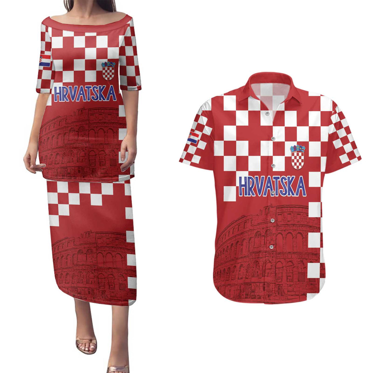 Croatia Football 2025 Custom Couples Matching Puletasi and Hawaiian Shirt Red Hrvatska Kockasti - Pula Arena