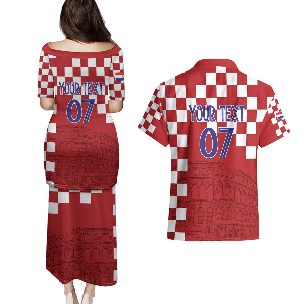 Croatia Football 2025 Custom Couples Matching Puletasi and Hawaiian Shirt Red Hrvatska Kockasti - Pula Arena