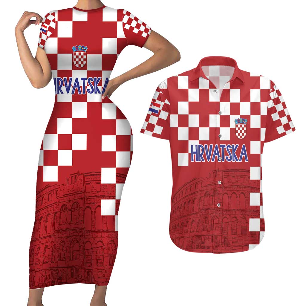 Croatia Football 2025 Custom Couples Matching Short Sleeve Bodycon Dress and Hawaiian Shirt Red Hrvatska Kockasti - Pula Arena