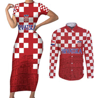 Croatia Football 2025 Custom Couples Matching Short Sleeve Bodycon Dress and Long Sleeve Button Shirt Red Hrvatska Kockasti - Pula Arena