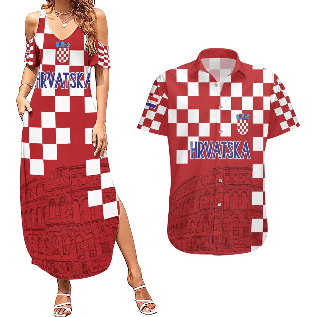 Croatia Football 2025 Custom Couples Matching Summer Maxi Dress and Hawaiian Shirt Red Hrvatska Kockasti - Pula Arena