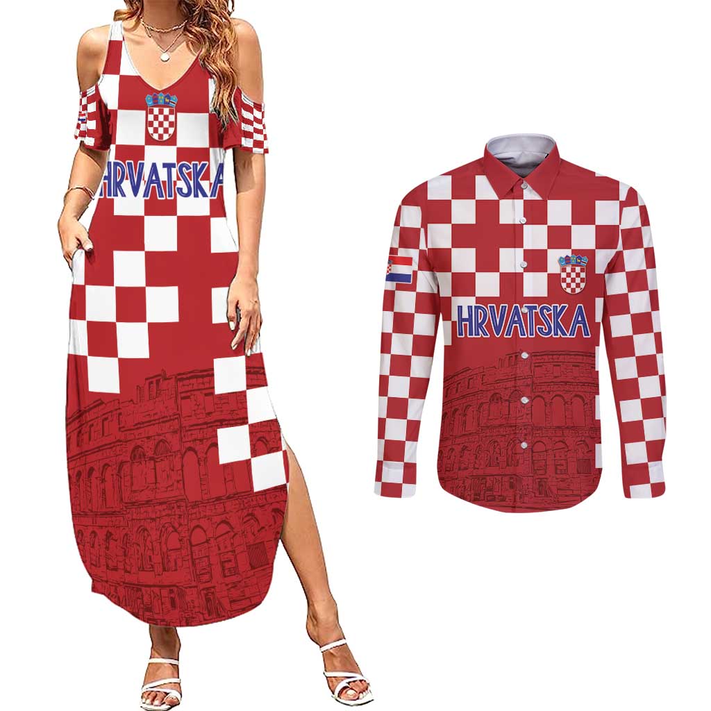 Croatia Football 2025 Custom Couples Matching Summer Maxi Dress and Long Sleeve Button Shirt Red Hrvatska Kockasti - Pula Arena