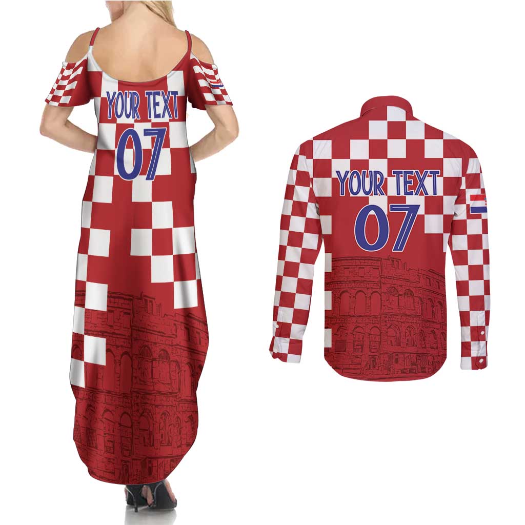 Croatia Football 2025 Custom Couples Matching Summer Maxi Dress and Long Sleeve Button Shirt Red Hrvatska Kockasti - Pula Arena