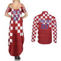 Croatia Football 2025 Custom Couples Matching Summer Maxi Dress and Long Sleeve Button Shirt Red Hrvatska Kockasti - Pula Arena