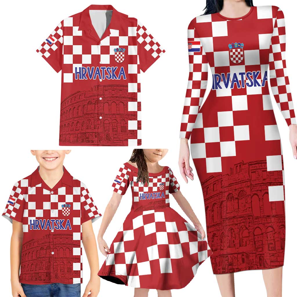Croatia Football 2025 Custom Family Matching Long Sleeve Bodycon Dress and Hawaiian Shirt Red Hrvatska Kockasti - Pula Arena