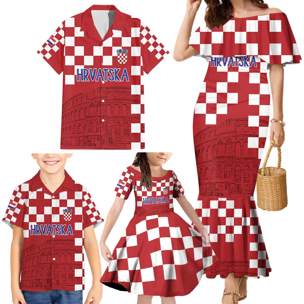 Croatia Football 2025 Custom Family Matching Mermaid Dress and Hawaiian Shirt Red Hrvatska Kockasti - Pula Arena