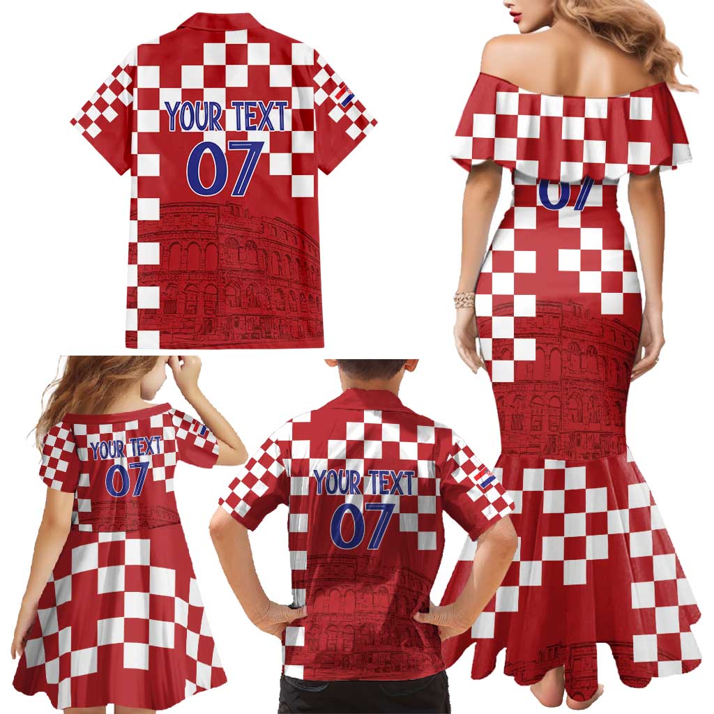 Croatia Football 2025 Custom Family Matching Mermaid Dress and Hawaiian Shirt Red Hrvatska Kockasti - Pula Arena