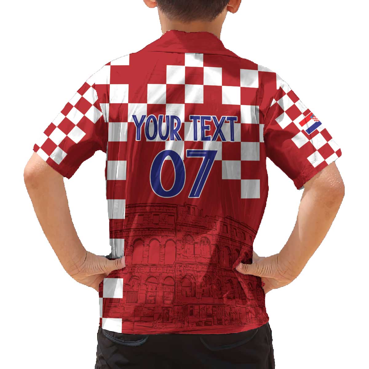 Croatia Football 2025 Custom Family Matching Off The Shoulder Long Sleeve Dress and Hawaiian Shirt Red Hrvatska Kockasti - Pula Arena