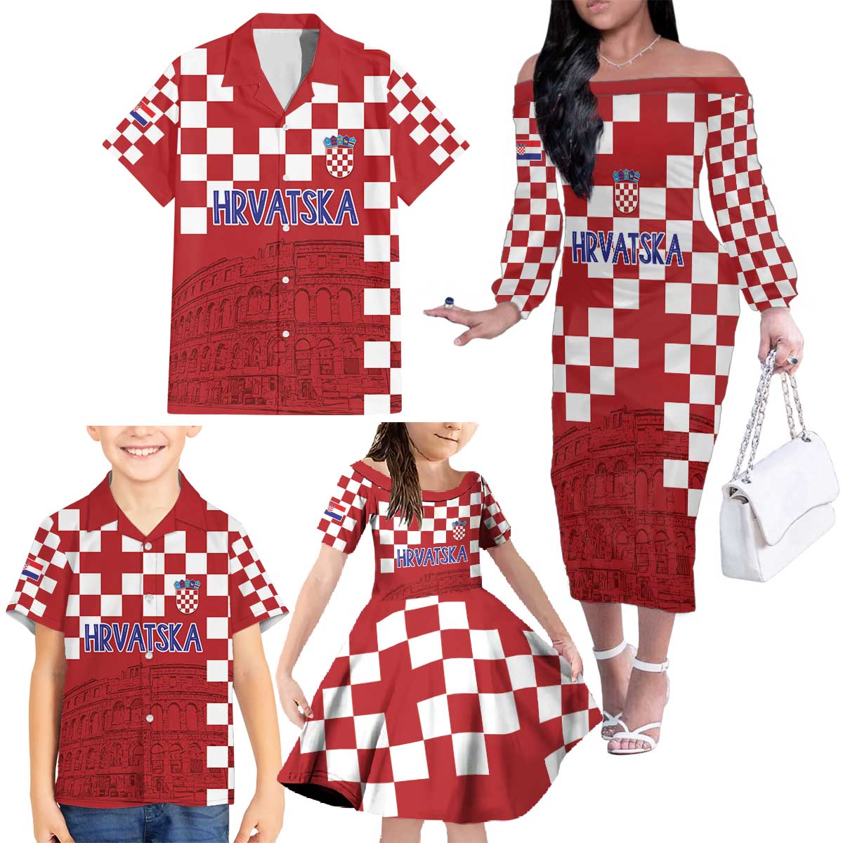 Croatia Football 2025 Custom Family Matching Off The Shoulder Long Sleeve Dress and Hawaiian Shirt Red Hrvatska Kockasti - Pula Arena