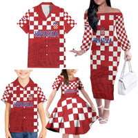 Croatia Football 2025 Custom Family Matching Off The Shoulder Long Sleeve Dress and Hawaiian Shirt Red Hrvatska Kockasti - Pula Arena