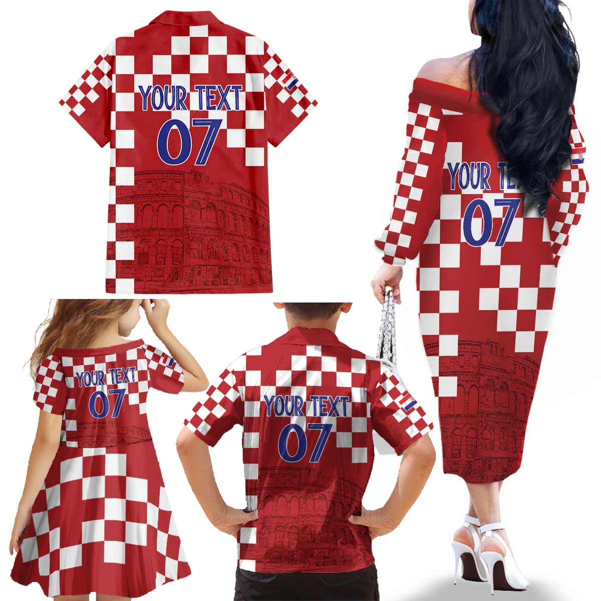 Croatia Football 2025 Custom Family Matching Off The Shoulder Long Sleeve Dress and Hawaiian Shirt Red Hrvatska Kockasti - Pula Arena