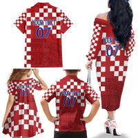 Croatia Football 2025 Custom Family Matching Off The Shoulder Long Sleeve Dress and Hawaiian Shirt Red Hrvatska Kockasti - Pula Arena