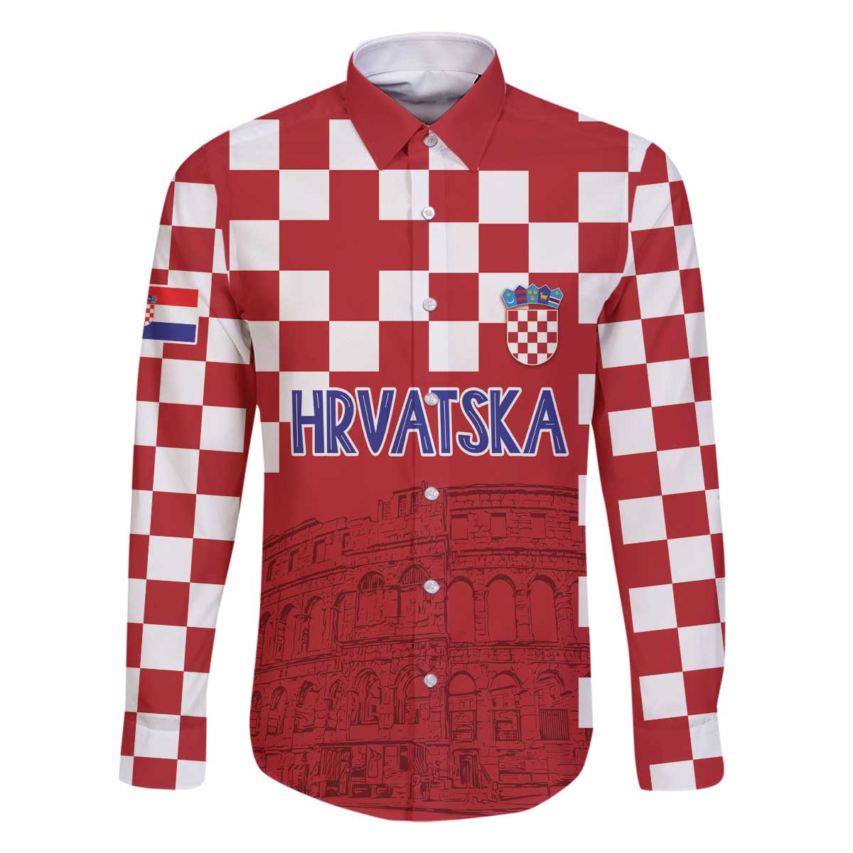 Croatia Football 2025 Custom Family Matching Off The Shoulder Long Sleeve Dress and Hawaiian Shirt Red Hrvatska Kockasti - Pula Arena