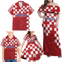 Croatia Football 2025 Custom Family Matching Off Shoulder Maxi Dress and Hawaiian Shirt Red Hrvatska Kockasti - Pula Arena