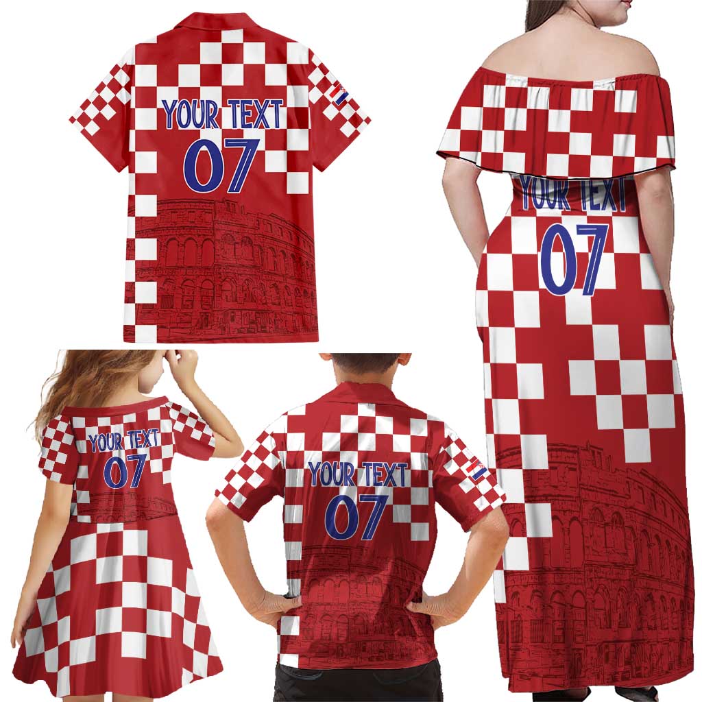 Croatia Football 2025 Custom Family Matching Off Shoulder Maxi Dress and Hawaiian Shirt Red Hrvatska Kockasti - Pula Arena