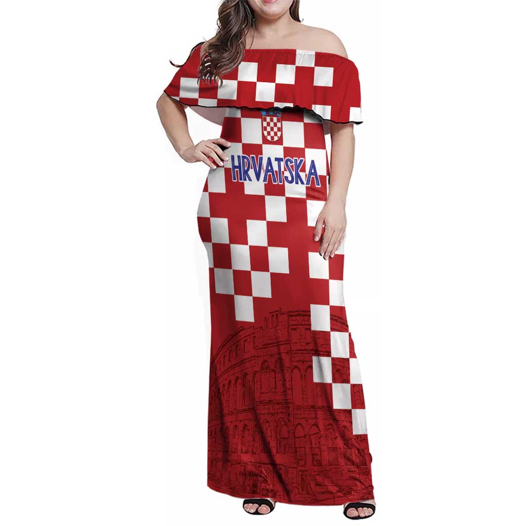Croatia Football 2025 Custom Family Matching Off Shoulder Maxi Dress and Hawaiian Shirt Red Hrvatska Kockasti - Pula Arena