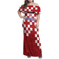 Croatia Football 2025 Custom Family Matching Off Shoulder Maxi Dress and Hawaiian Shirt Red Hrvatska Kockasti - Pula Arena