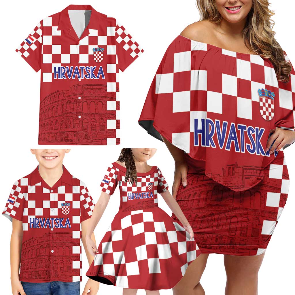 Croatia Football 2025 Custom Family Matching Off Shoulder Short Dress and Hawaiian Shirt Red Hrvatska Kockasti - Pula Arena