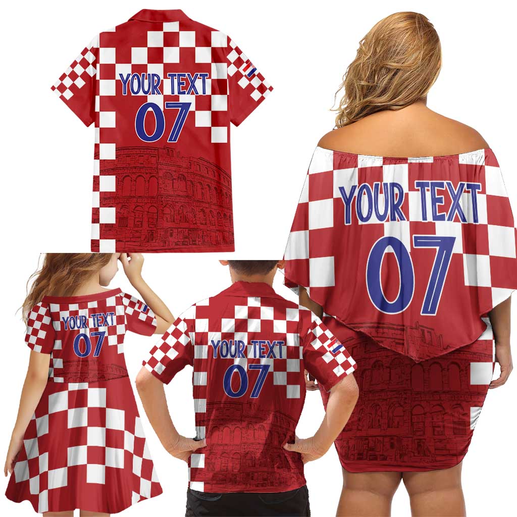 Croatia Football 2025 Custom Family Matching Off Shoulder Short Dress and Hawaiian Shirt Red Hrvatska Kockasti - Pula Arena