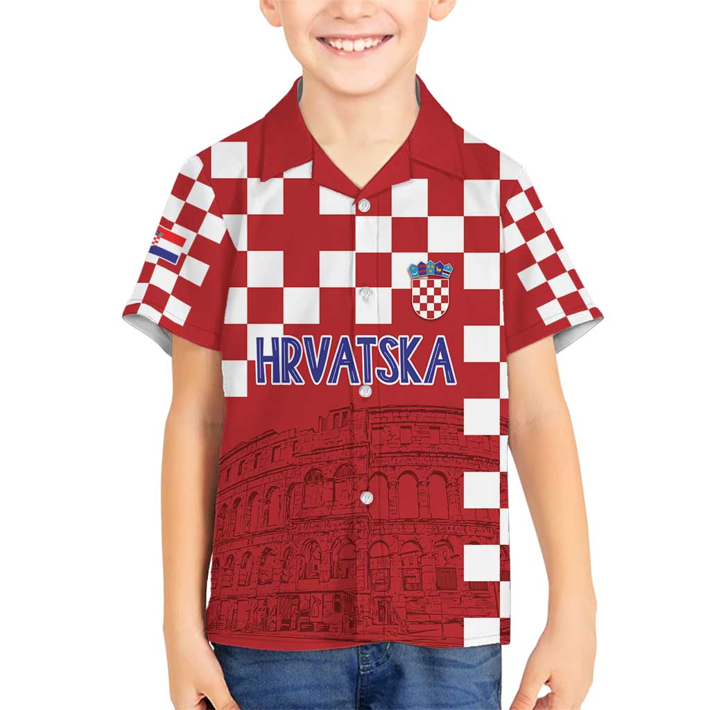 Croatia Football 2025 Custom Family Matching Off Shoulder Short Dress and Hawaiian Shirt Red Hrvatska Kockasti - Pula Arena