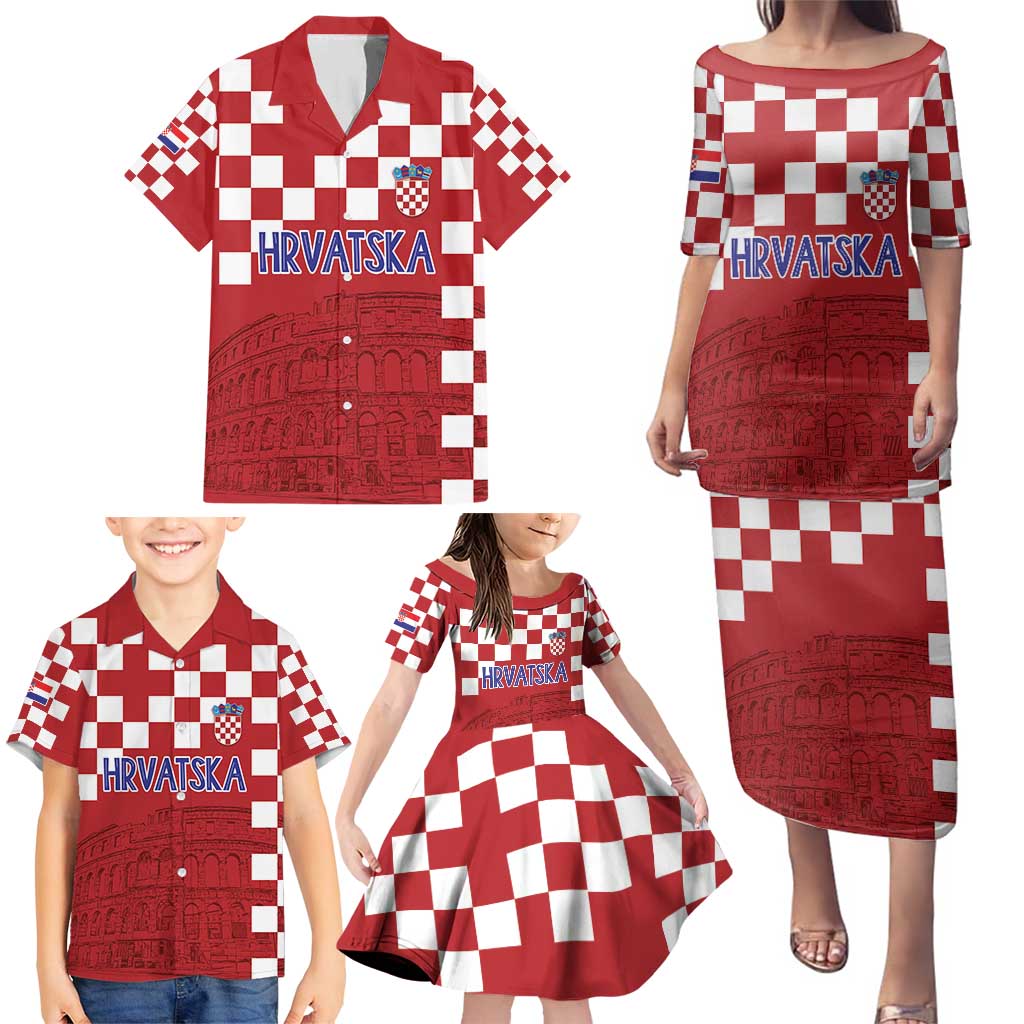 Croatia Football 2025 Custom Family Matching Puletasi and Hawaiian Shirt Red Hrvatska Kockasti - Pula Arena