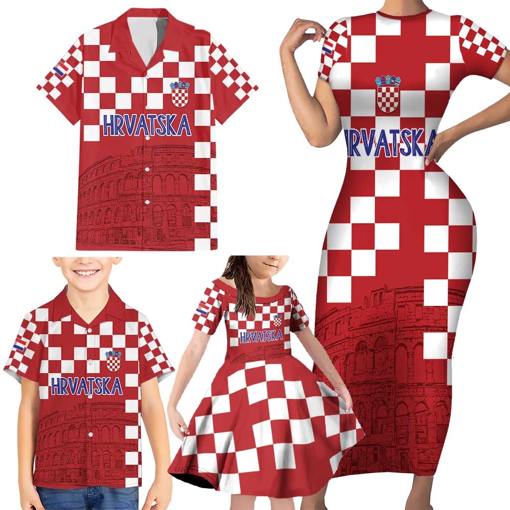 Croatia Football 2025 Custom Family Matching Short Sleeve Bodycon Dress and Hawaiian Shirt Red Hrvatska Kockasti - Pula Arena