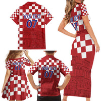 Croatia Football 2025 Custom Family Matching Short Sleeve Bodycon Dress and Hawaiian Shirt Red Hrvatska Kockasti - Pula Arena
