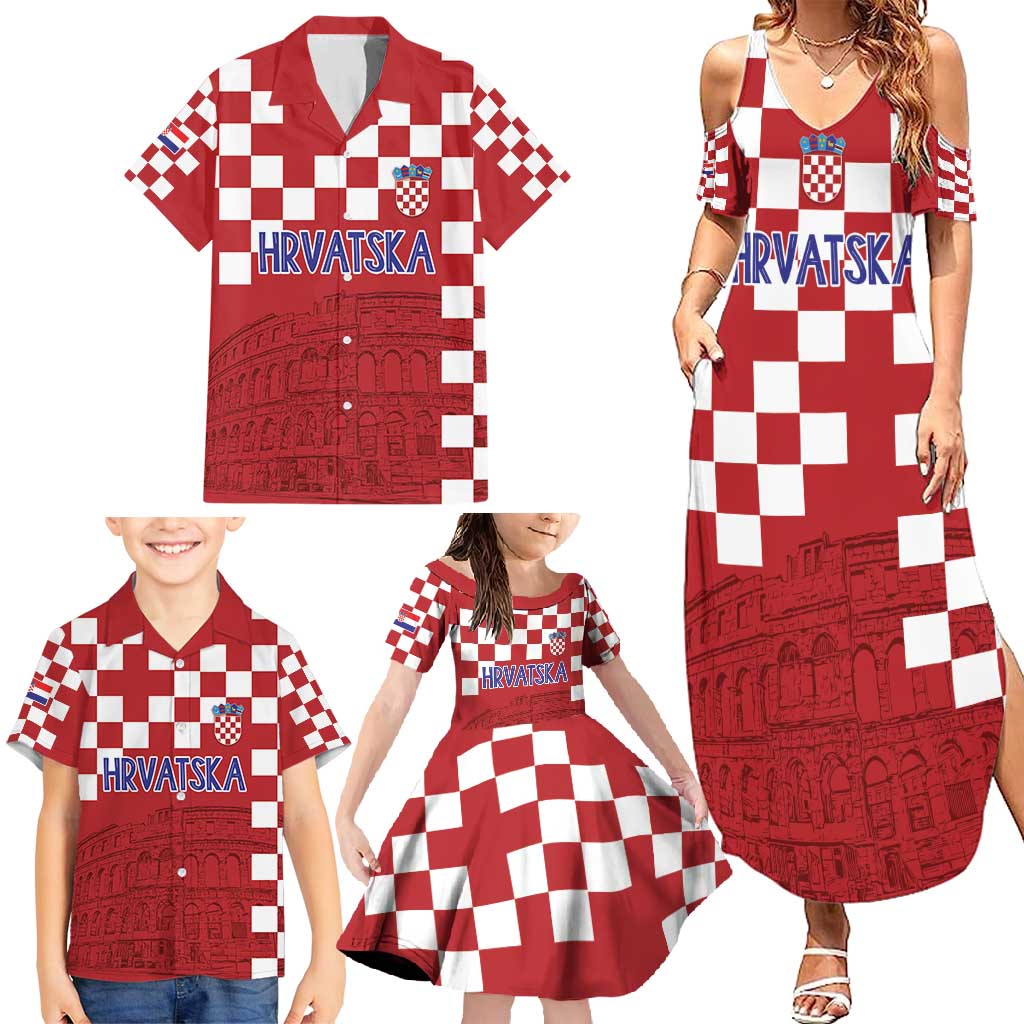 Croatia Football 2025 Custom Family Matching Summer Maxi Dress and Hawaiian Shirt Red Hrvatska Kockasti - Pula Arena