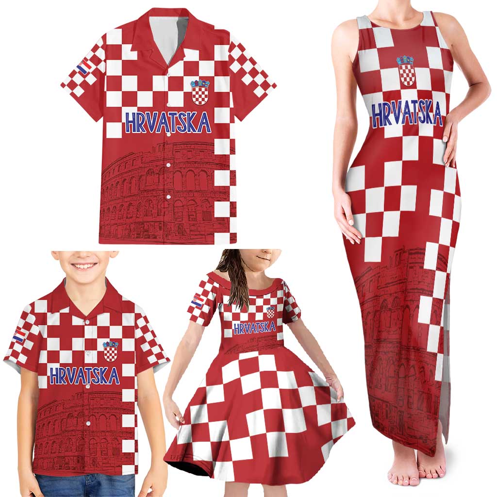 Croatia Football 2025 Custom Family Matching Tank Maxi Dress and Hawaiian Shirt Red Hrvatska Kockasti - Pula Arena