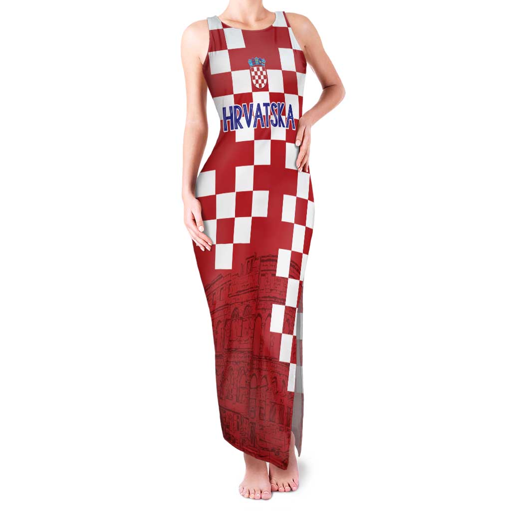 Croatia Football 2025 Custom Family Matching Tank Maxi Dress and Hawaiian Shirt Red Hrvatska Kockasti - Pula Arena