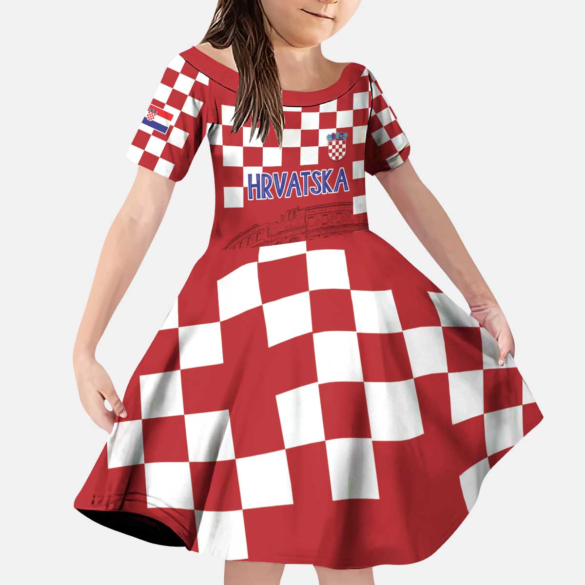 Croatia Football 2025 Custom Kid Short Sleeve Dress Red Hrvatska Kockasti - Pula Arena
