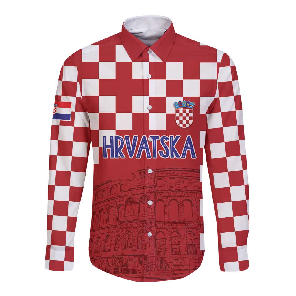 Croatia Football 2025 Custom Long Sleeve Button Shirt Red Hrvatska Kockasti - Pula Arena