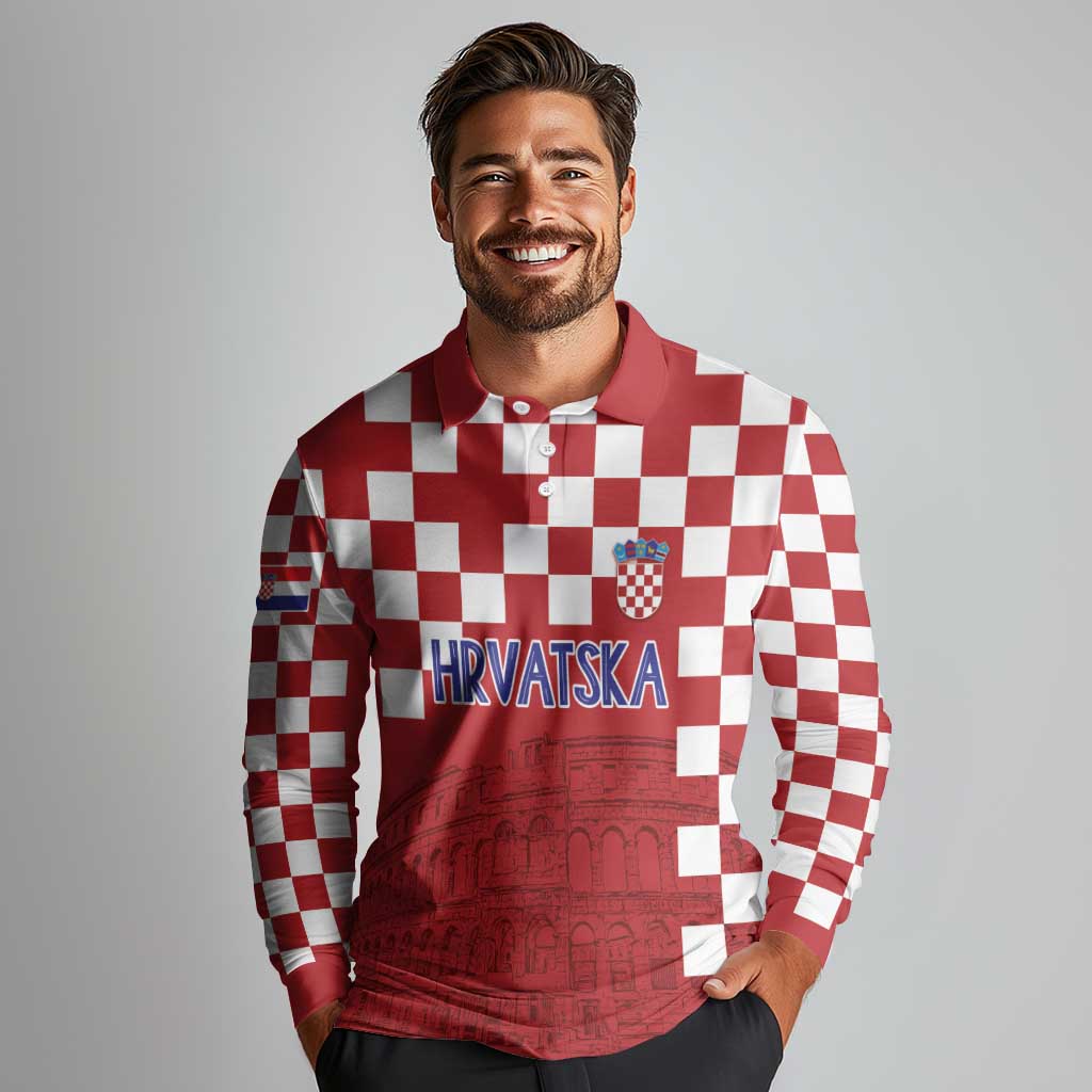 Croatia Football 2025 Custom Long Sleeve Polo Shirt Red Hrvatska Kockasti - Pula Arena