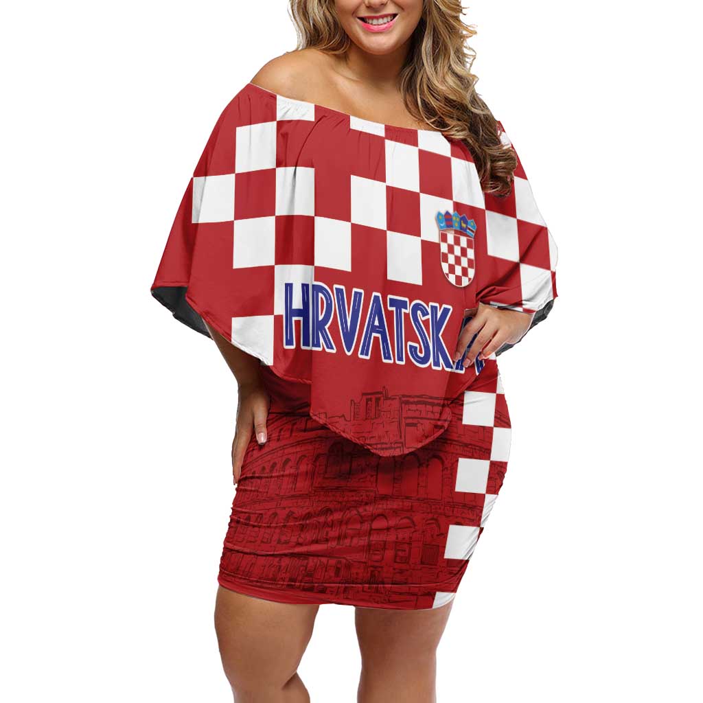 Croatia Football 2025 Custom Off Shoulder Short Dress Red Hrvatska Kockasti - Pula Arena