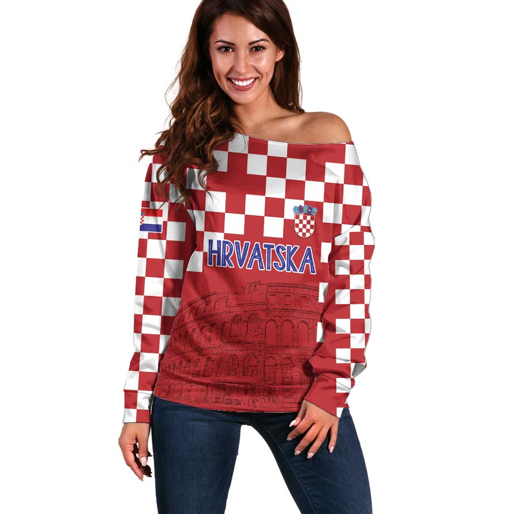 Croatia Football 2025 Custom Off Shoulder Sweater Red Hrvatska Kockasti - Pula Arena