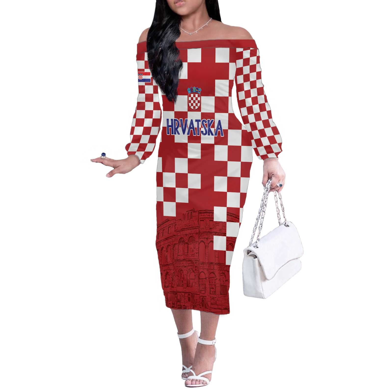 Croatia Football 2025 Custom Off The Shoulder Long Sleeve Dress Red Hrvatska Kockasti - Pula Arena