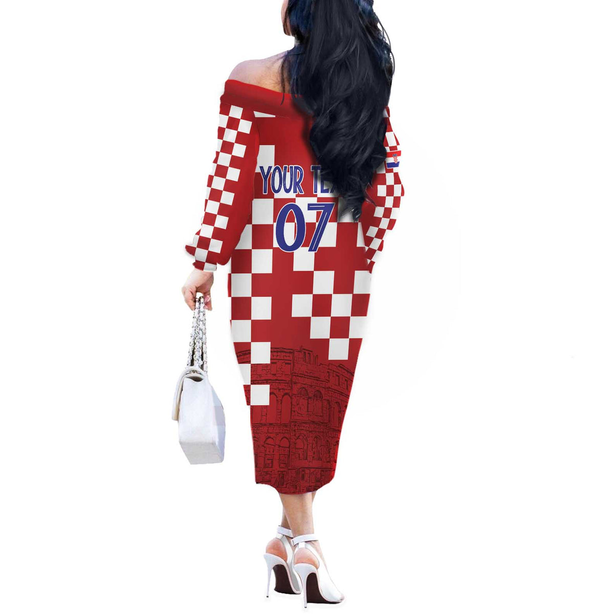 Croatia Football 2025 Custom Off The Shoulder Long Sleeve Dress Red Hrvatska Kockasti - Pula Arena