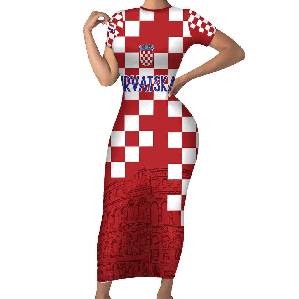 Croatia Football 2025 Custom Short Sleeve Bodycon Dress Red Hrvatska Kockasti - Pula Arena
