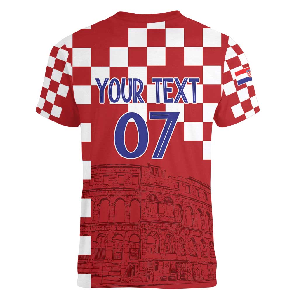 Croatia Football 2025 Custom Women V-Neck T-Shirt Red Hrvatska Kockasti - Pula Arena