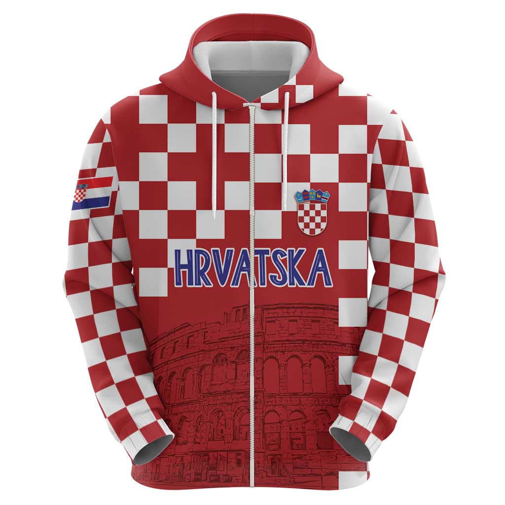 Croatia Football 2025 Custom Zip Hoodie Red Hrvatska Kockasti - Pula Arena
