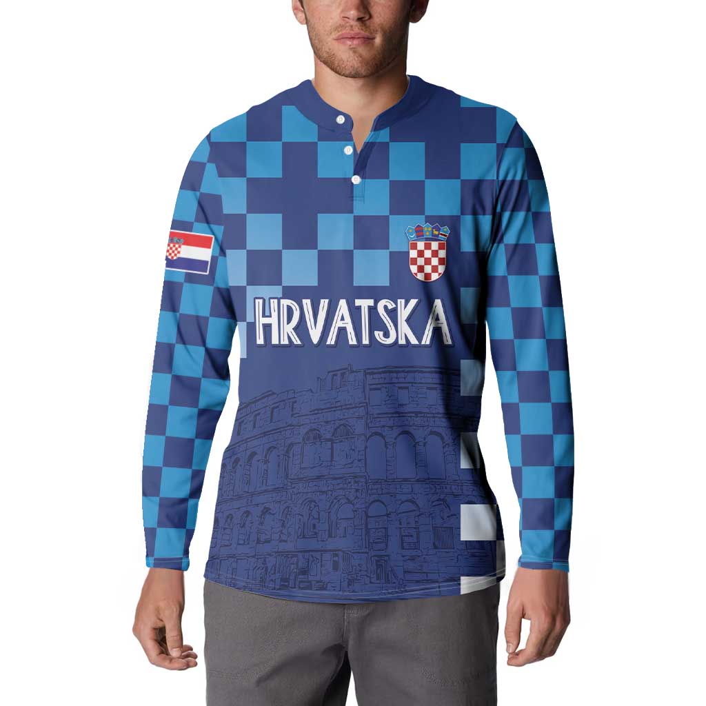 Croatia Football 2025 Custom Button Sweatshirt Blue Hrvatska Kockasti - Pula Arena