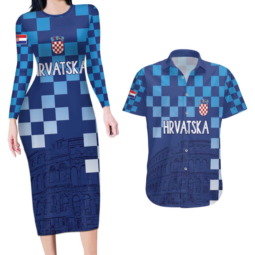 Croatia Football 2025 Custom Couples Matching Long Sleeve Bodycon Dress and Hawaiian Shirt Blue Hrvatska Kockasti - Pula Arena